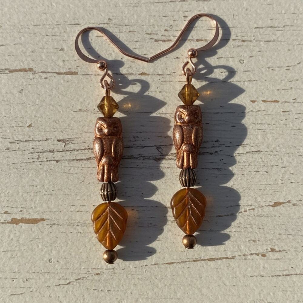 Boho Chic Handmade Czech Glass Owl Hypoallergenic Rose Gold Dangle Earrings